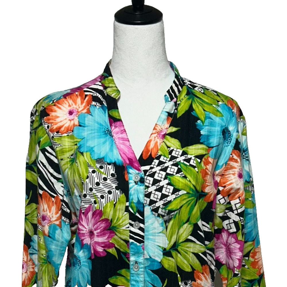 Alfred Dunner Top Womens 14 Blue Pink‎ Colorful Hawaiian Floral Button Up Beachy